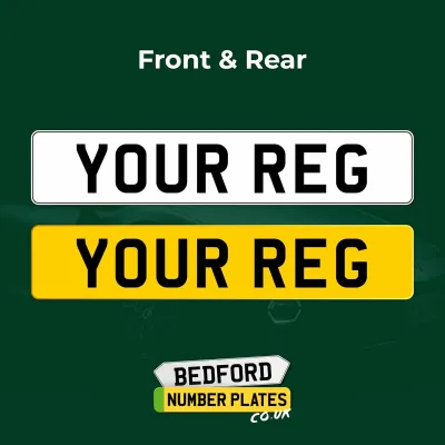 Custom front and rear number plates – white front plate and yellow rear plate.
