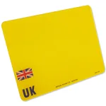 Yellow motorcycle number plate with UK flag and identifier for European travel