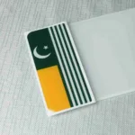 Kashmir flag number plate badge with crescent moon and stripes.
