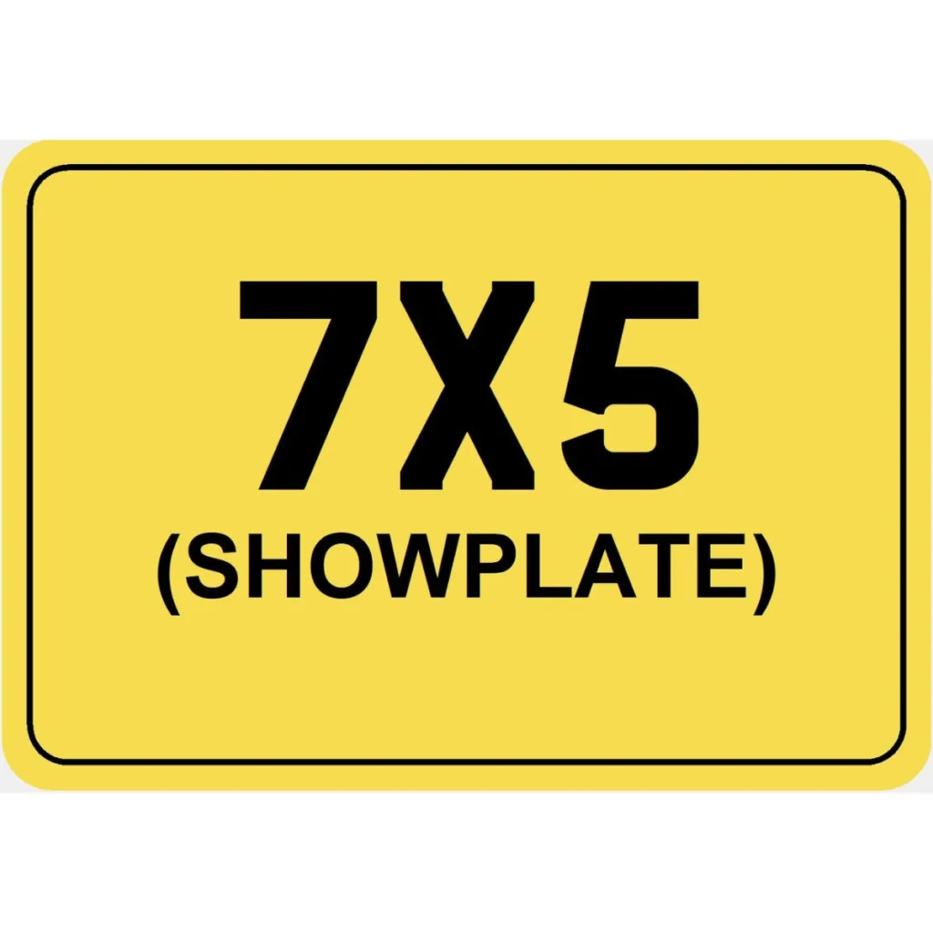 7x5 yellow motorbike show plate with bold black text.