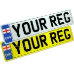 Pair of number plates with England flag and “ENG” badge printed on the left.