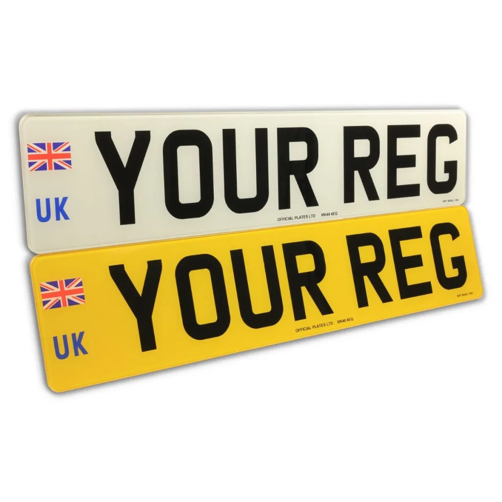 Pair of UK printed number plates featuring flat black lettering on reflective white front and yellow rear plates, with Union Jack flags and blue UK identifiers.