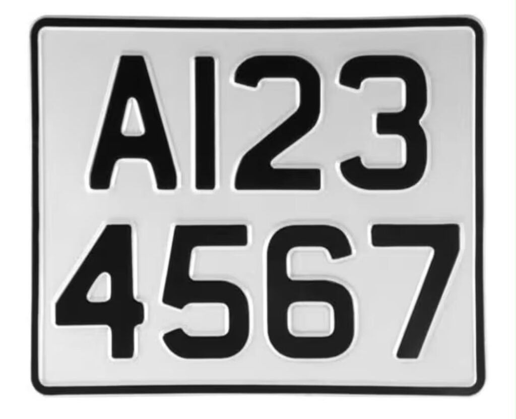 9 x 7 white European trailer registration plate for caravans and trailers with black characters