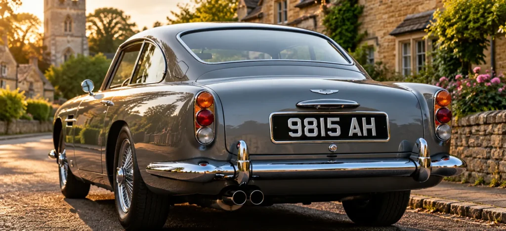 Classic British sports car featuring a traditional black and silver pressed metal number plate displaying 9815 AH, parked in a picturesque English village at sunset.
